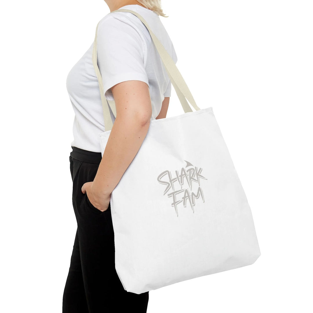 Shark Fam Graphic Tote Bag — Coastal Shark Silhouette Beach Bag
