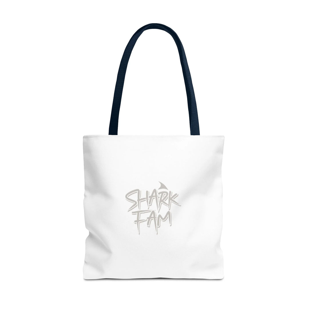 Shark Fam Graphic Tote Bag — Coastal Shark Silhouette Beach Bag