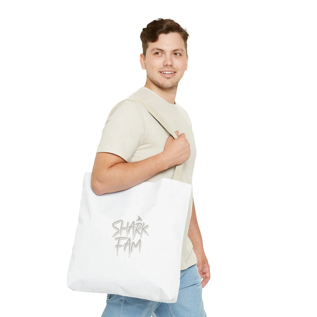 Shark Fam Graphic Tote Bag — Coastal Shark Silhouette Beach Bag